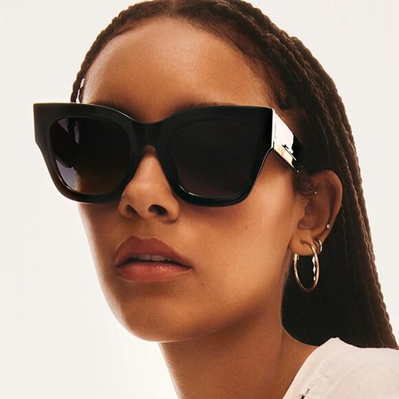 Quay Australia Sunglasses By The Way Black Cateye with Pouch and Cloth